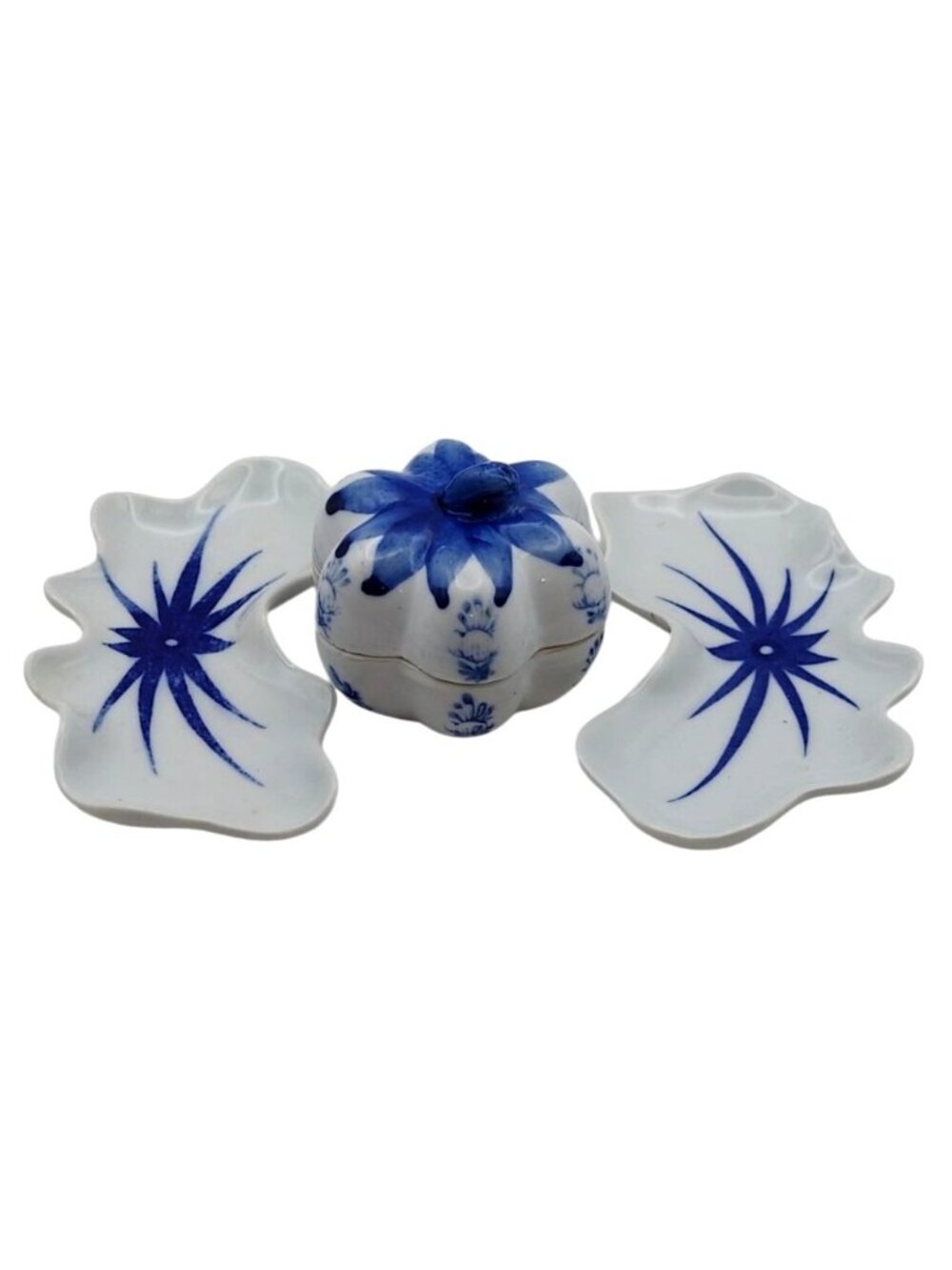 Blue White Porcelain Floral Pumpkin Trinket Box 2 Bone Dishes Lot of 3 Vintage